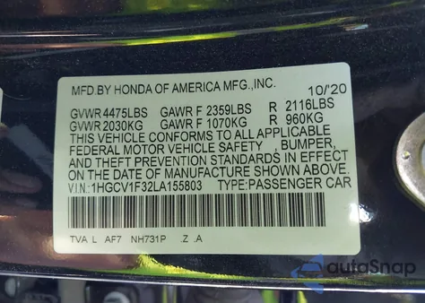 2020 Honda Accord Sport z USA, uszkodzony, nr VIN 1HGCV1F32LA155803